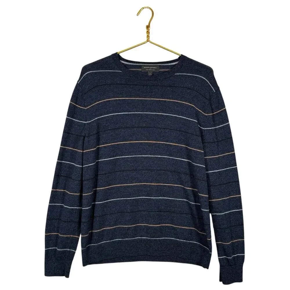 Banana Republic Merino Wool Sweater Men Large Blue Striped Crewneck Coastal Prep